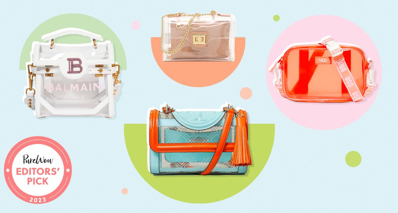 Clear Crossbody Bags - A collage of clear crossbody bags from the article on a green and blue background.