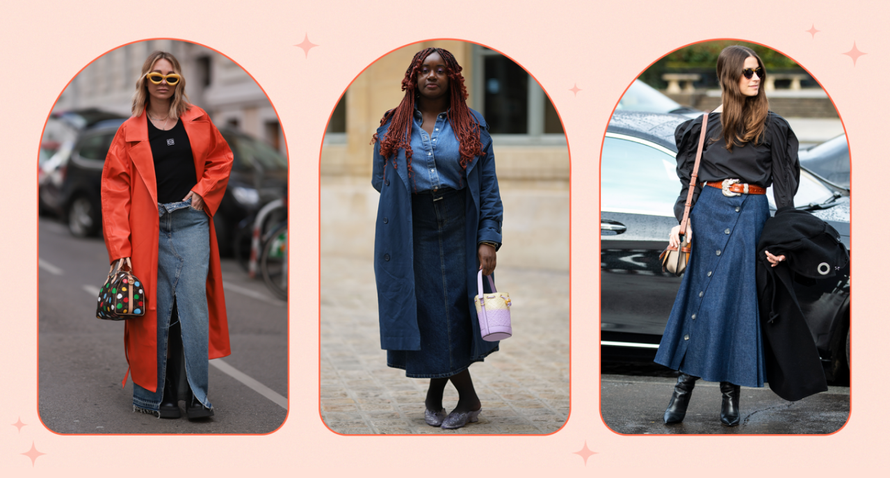 denim maxi skirt trend a collage of women with denim maxi skirts