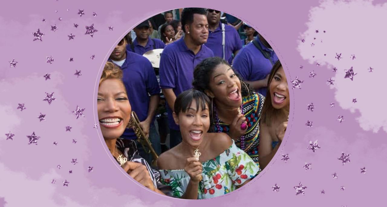 making friends according to zodiac: purple design around an image from the movie girls trip